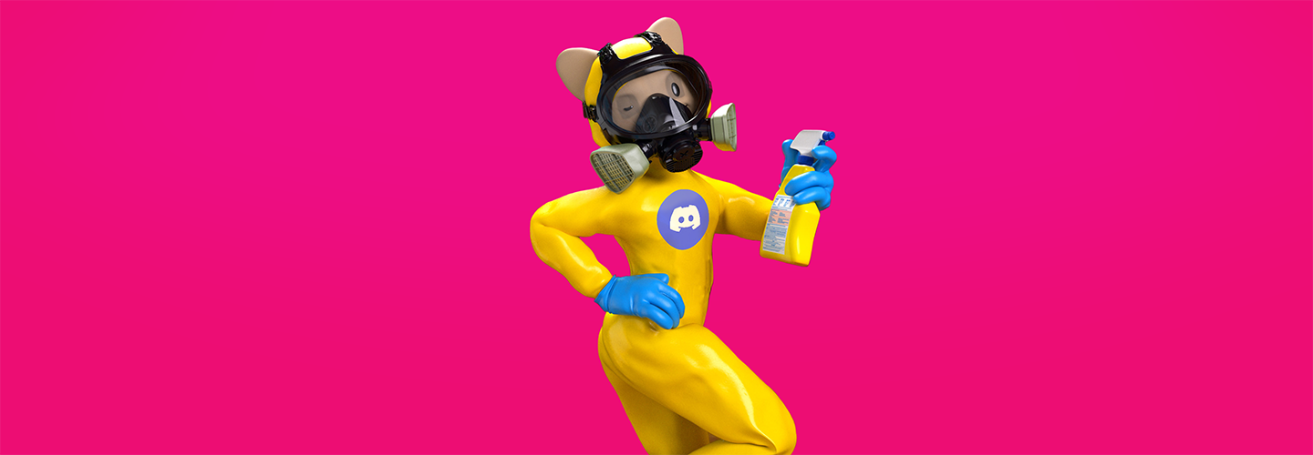 Character in a yellow hazmat suit with a Discord logo on the front, on top of a pink background